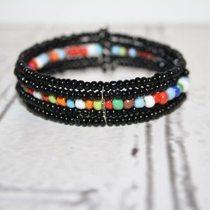 Beautiful black and colorful glass beaded wire cuff bracelet